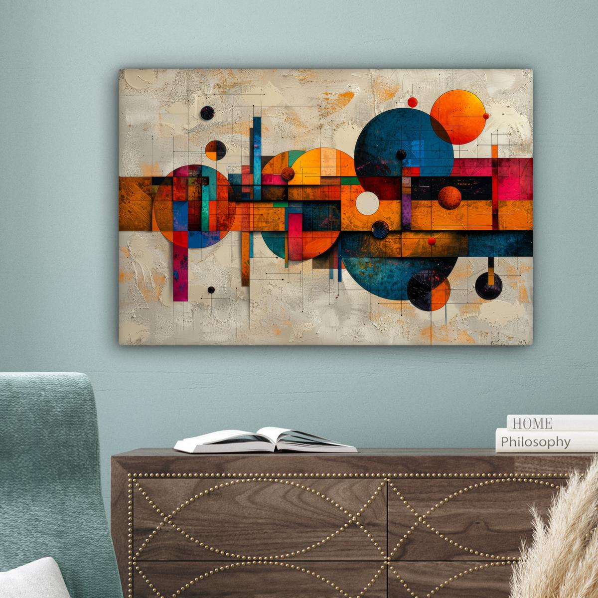 LEINWANDBILD Vintage - Moderne Kunst - Orange - Geometrische Formen Wanddeko 90x60 cm - Multicolor, Textil (90/60cm) - MuchoWow