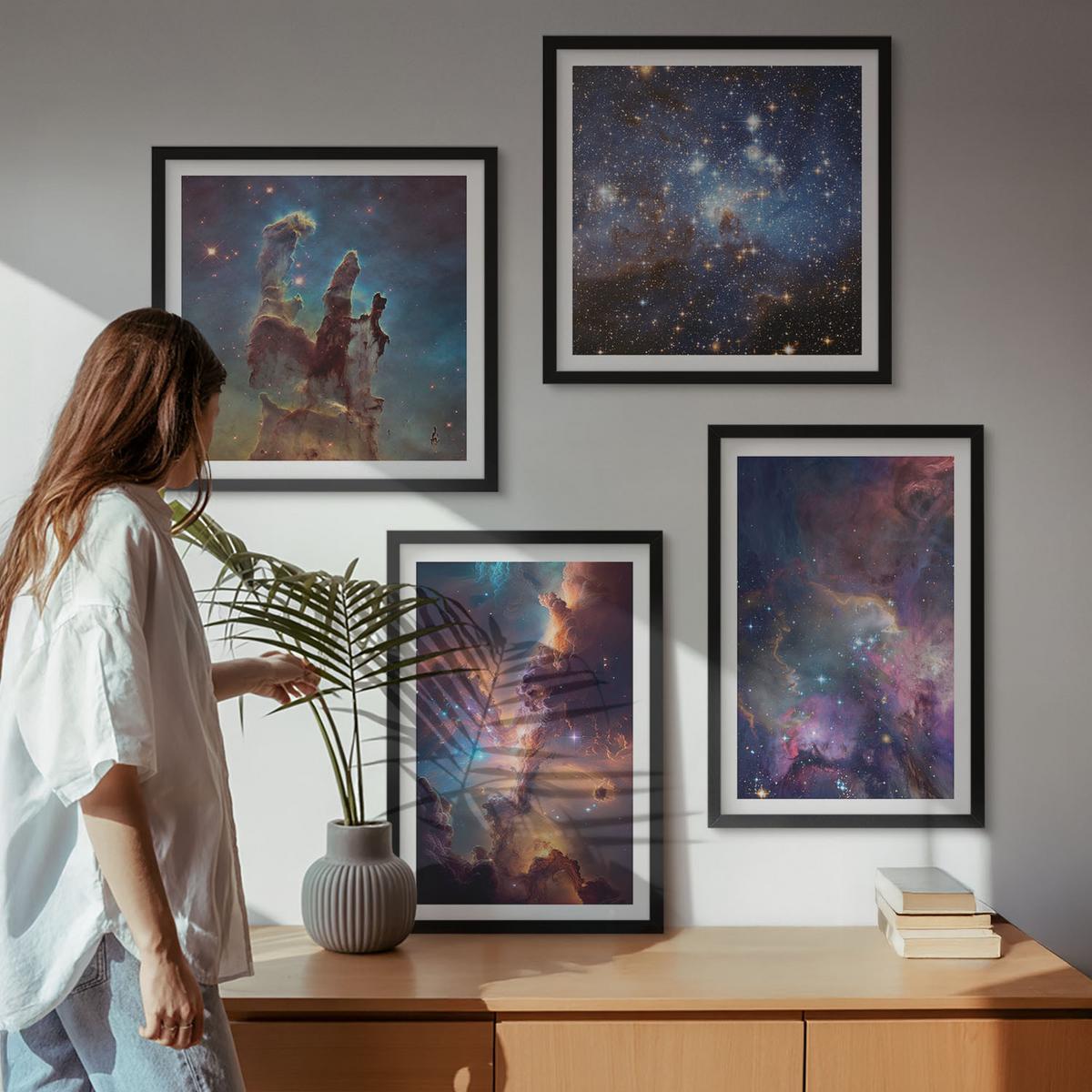 BILDER SET 4er Set - 50x50 cm & 40x60 cm Schwarzer Rahmen - Kosmische Sternenlandschaften - Schwarz, Kunststoff (50/50cm) - TULUP
