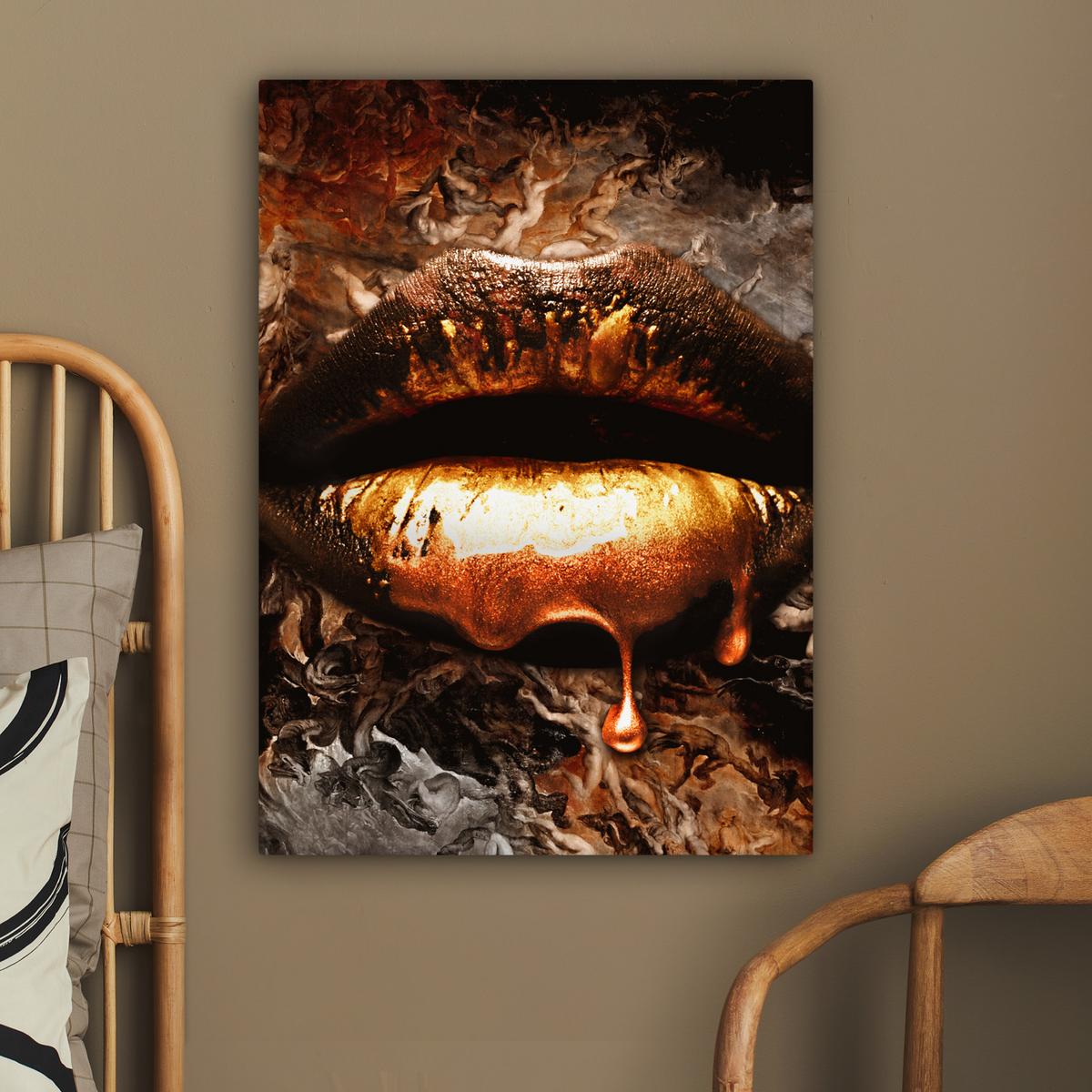 LEINWANDBILD Gold - Lippen - Kunst - Gold - Luxus - Abstrakt Wandbild Wohnzimmer 60x80 cm - Kupferfarben, Textil (60/80cm) - MuchoWow