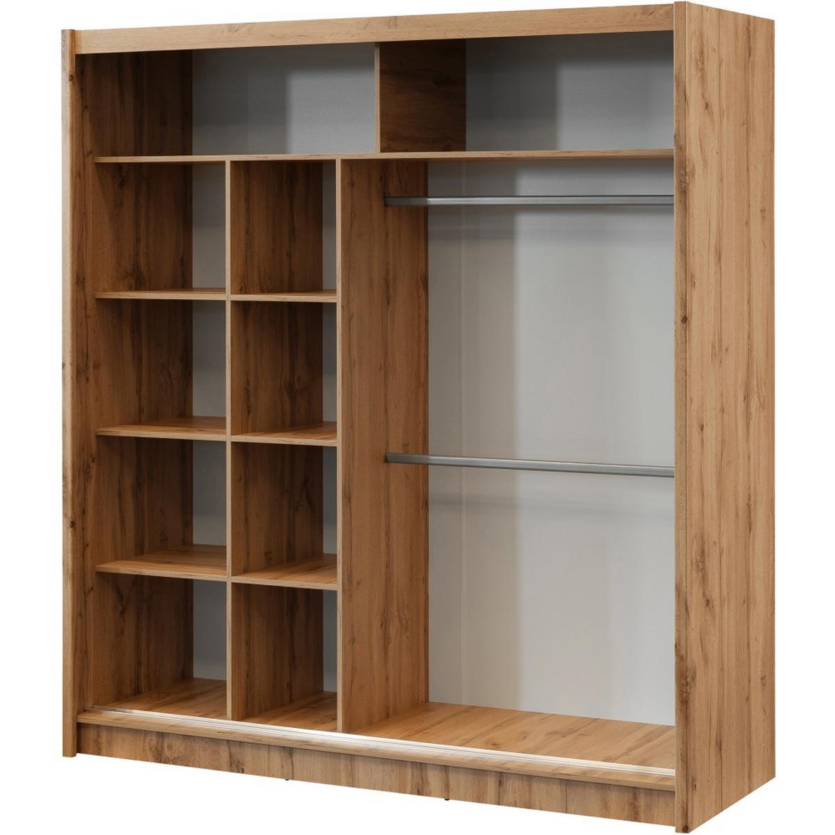 SCHWEBETÜRENSCHRANK Leroy mit Spiegel und Lamellen, 203 cm, Weiß+eiche Wotan - Weiß, Holzwerkstoff (203/215/60.5cm) - Beautysofa