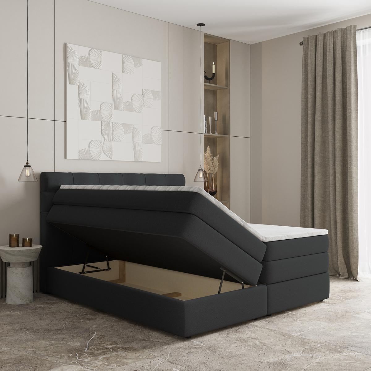 BOXSPRINGBETT AREZI 140x200 cm mit Matratze und Topper - Schwarz - Schwarz, Holz (140/200cm) - MASSENO