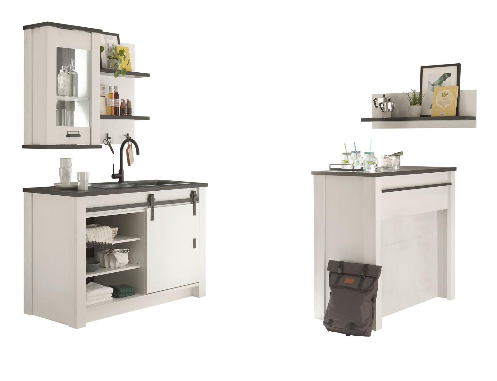 KÜCHEN-SET weiß Pinie, anthrazit Landhaus 5-teilig, Küchenschrank Set mit Theke - Anthrazit/Schwarz, Holzwerkstoff/Metall (133/106/64cm) - Furn.Design