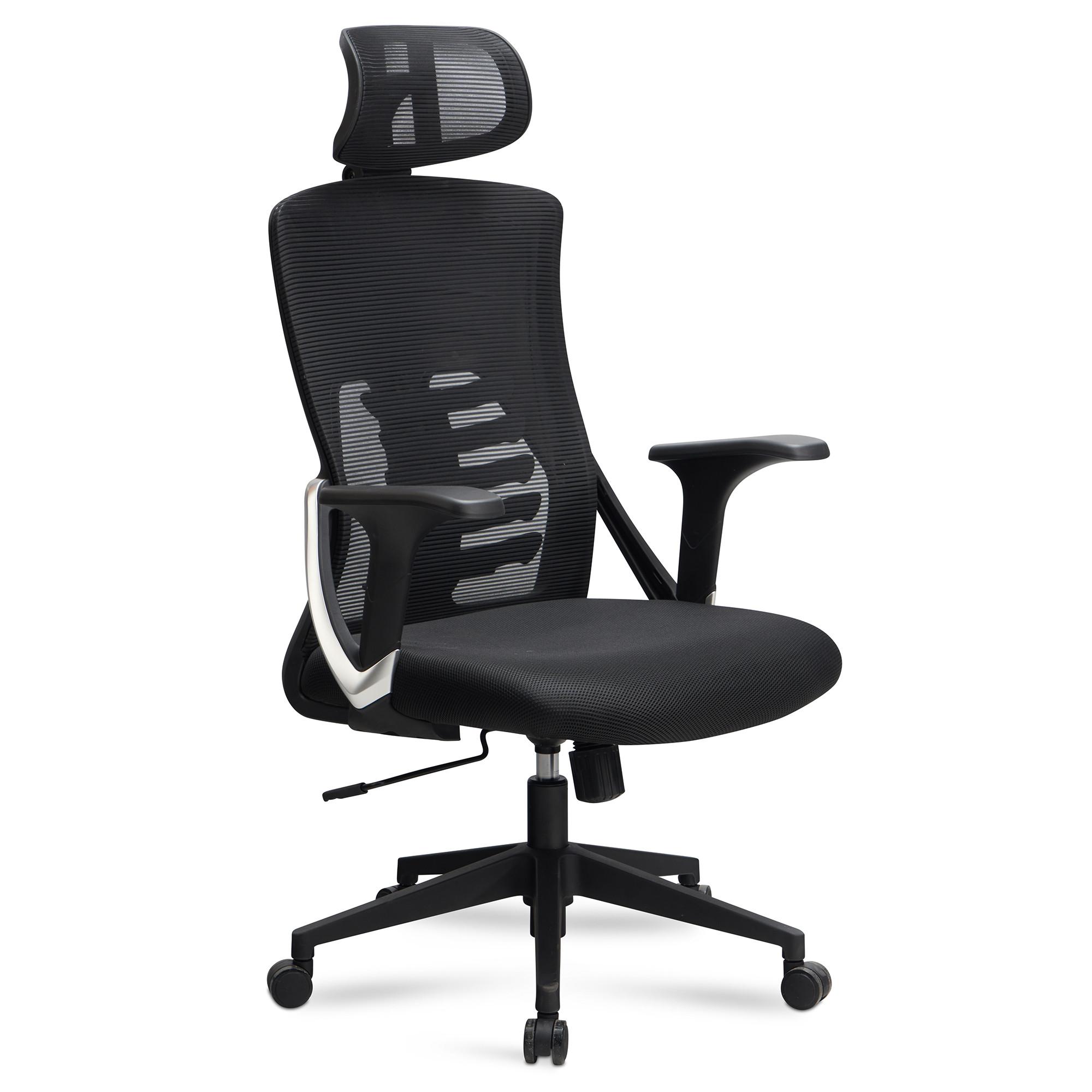 BÜROSTUHL Schwarz Mesh mit Kopfstütze, Lendenstütze, Wippfunktion und Höhenverstellung, bis 120 kg - Schwarz, Kunststoff/Textil (65/123/65cm) - KADIMA DESIGN