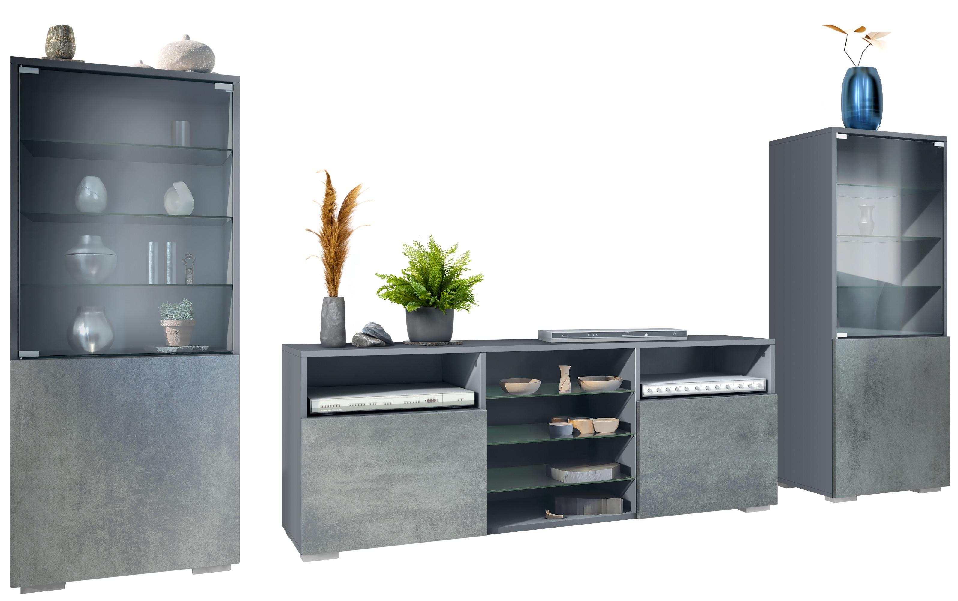 WOHNWAND Granada Beton Dunkel Optik - Dunkelgrau, Holzwerkstoff (286/122.5/35cm) - Vladon