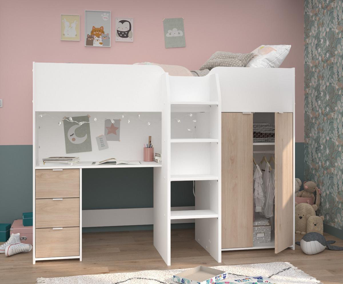 HOCHBETT mit Kleiderschrank und Schreibtisch Bett 90 x 200 cm - Eichefarben/Silberfarben, Holz/Holzwerkstoff (90/200cm) - Parisot Meuble