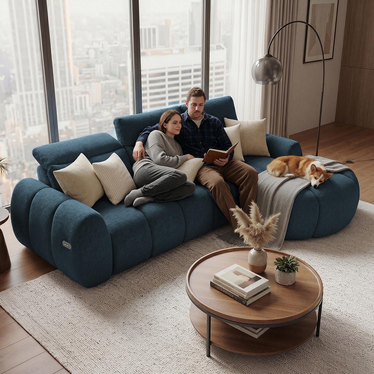 ECKSOFA Sorel Mini mit Automatisch verstellbarer Sitztiefe und Kopfstützen, rechts, Blau - Blau, Textil (275/190cm) - Beautysofa
