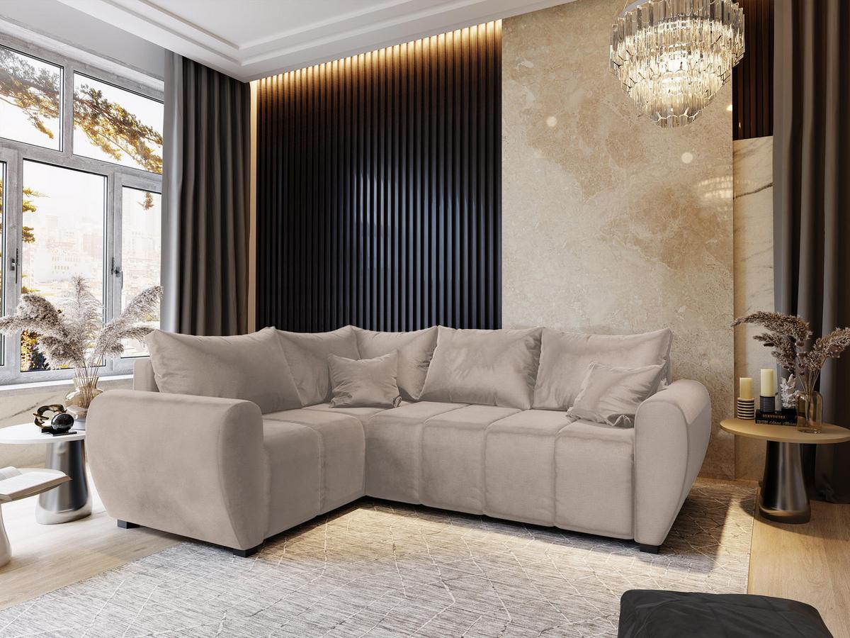 ECKSOFA MADISON L L-S Beige Plüsch-Stoff mit Schlaffunktion - Beige/Schwarz, Holz/Kunststoff (235/175cm) - MASSENO