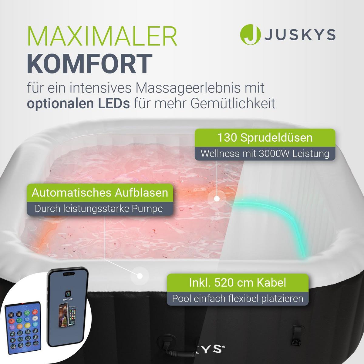WHIRLPOOL SpaLuxe LED 185x185x65 cm schwarz/weiß - Schwarz, Kunststoff (185/65/185cm) - Juskys