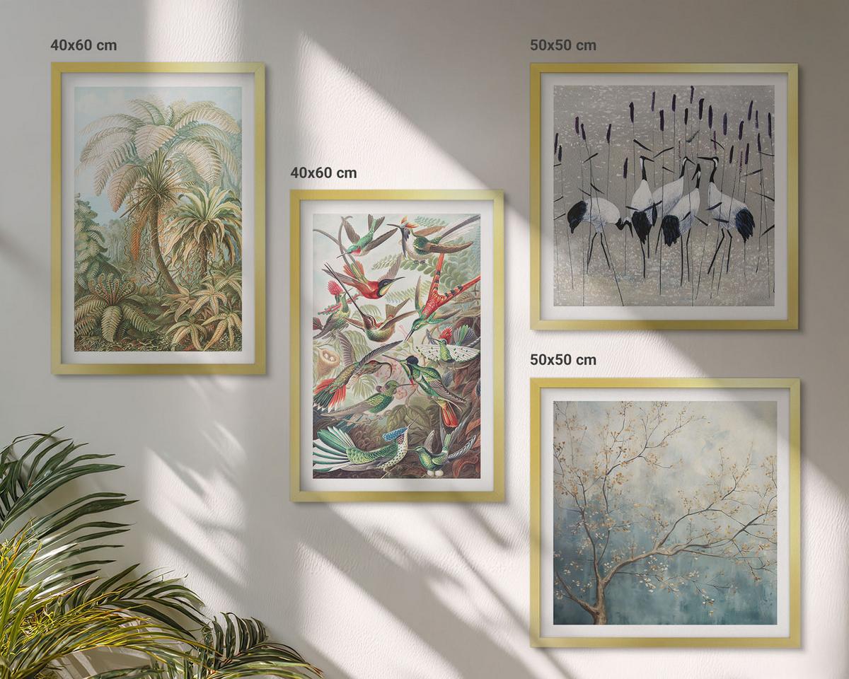 BILDER SET 4er Set - 50x50 cm & 40x60 cm Goldrahmen - Tropische Pflanzen, Vögel, Natur - Goldfarben, Kunststoff (50/50cm) - TULUP