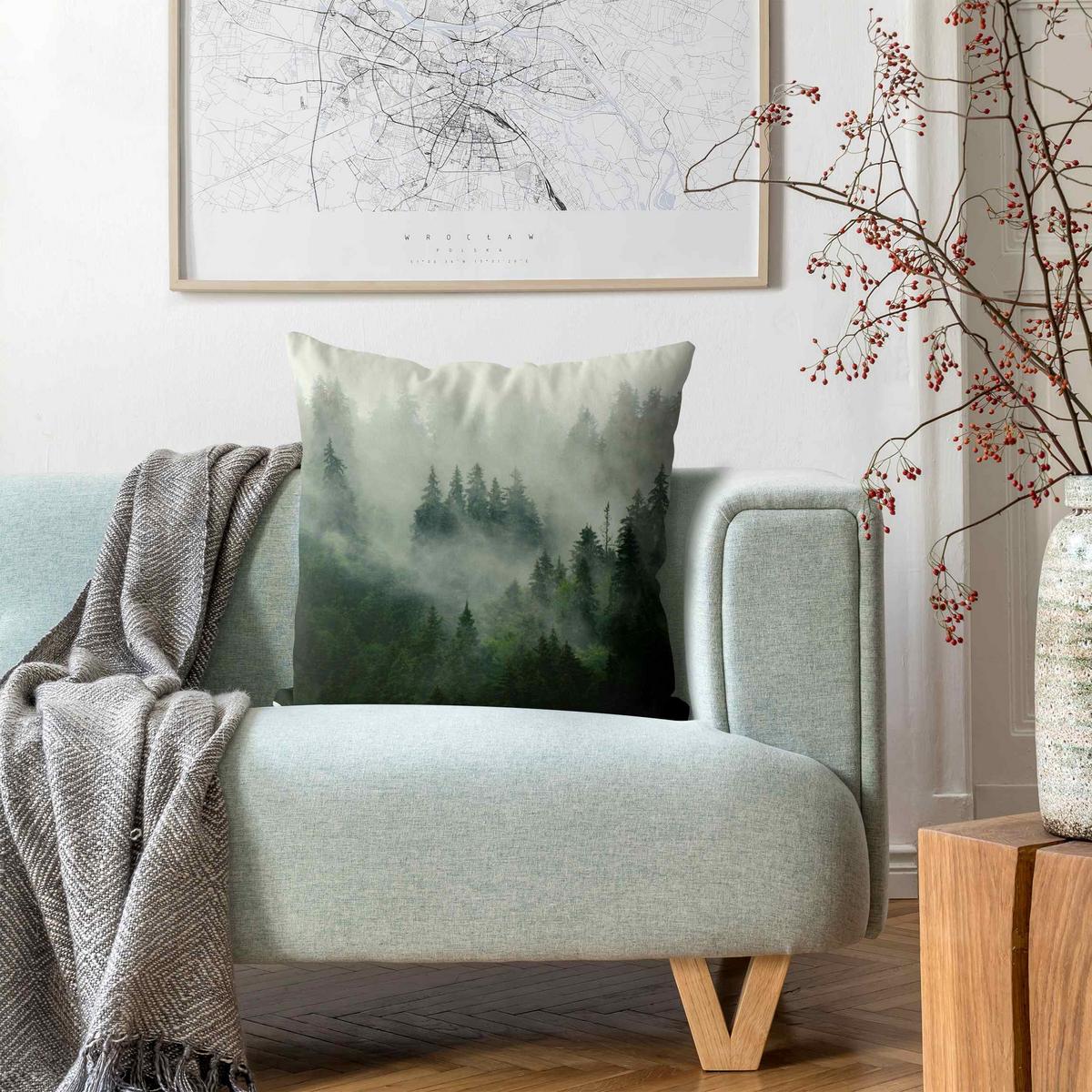 KISSENBEZUG Tiefgrüner Tannenwald im Nebel 40/40 cm - Grün, Textil (40/40cm) - Bilderwelten