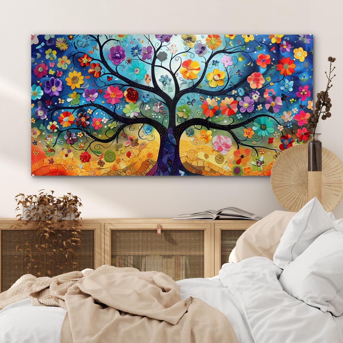 ACRYLGLASBILD Kunst - Baum des Lebens - Blumen - Hippie 120x60 cm - Dunkelblau, Glas (120/60cm) - MuchoWow