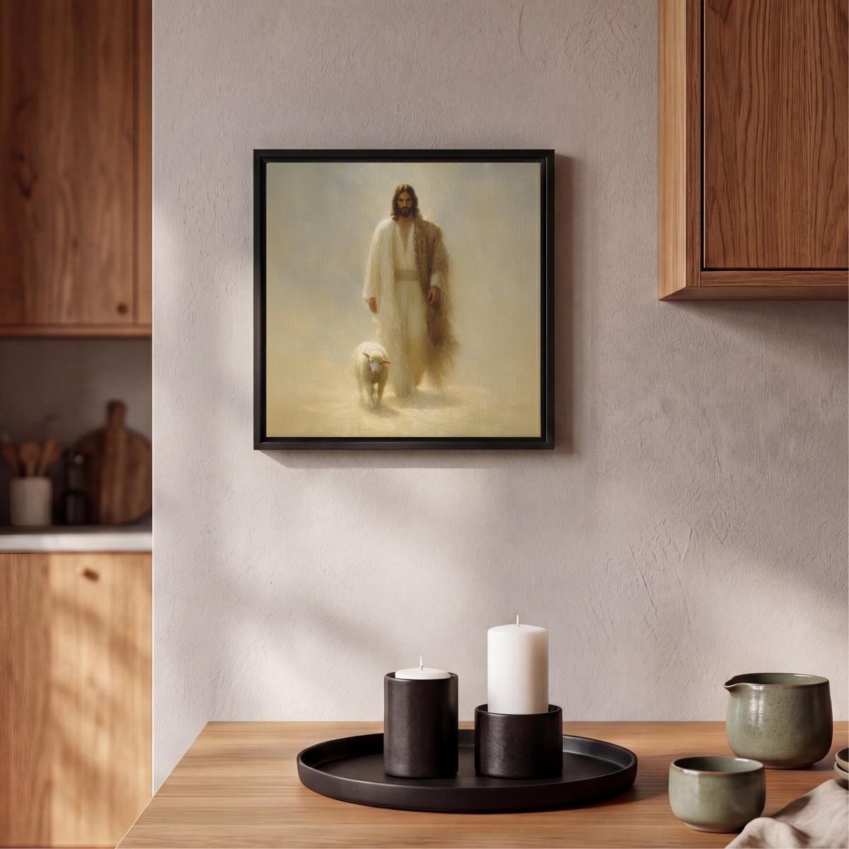 LEINWAND Bilder mit Rahmen - Schaf - Jesus - Pinselstriche - Abstrakt - 20x20 - Beige, Textil (20/20cm) - MuchoWow