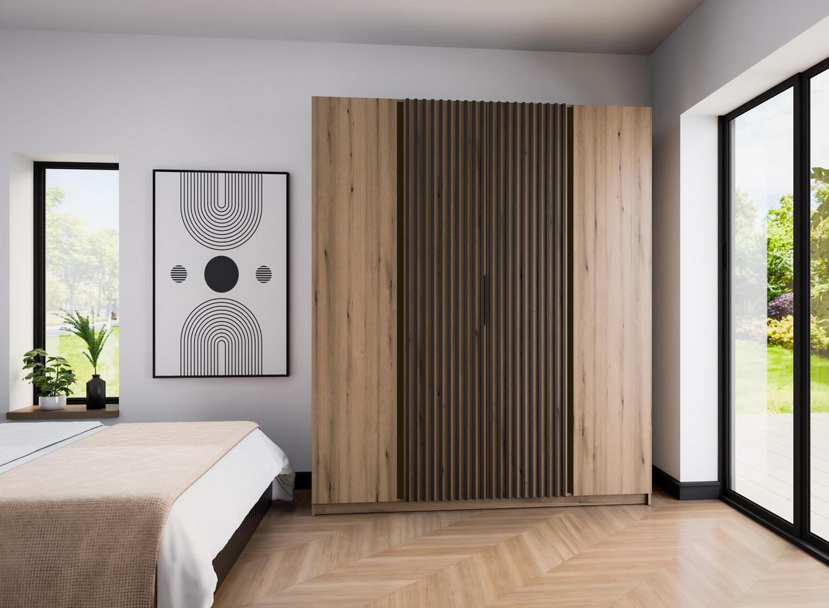 KLEIDERSCHRANK Nehir Korpus Eiche Evoke, Front Eiche Evoke/Schwarz 200 cm - 4T Modern mit 2 Lamellentüren mittig - Eichefarben, Holzwerkstoff/Kunststoff (200/239/61.9cm) - AX Living