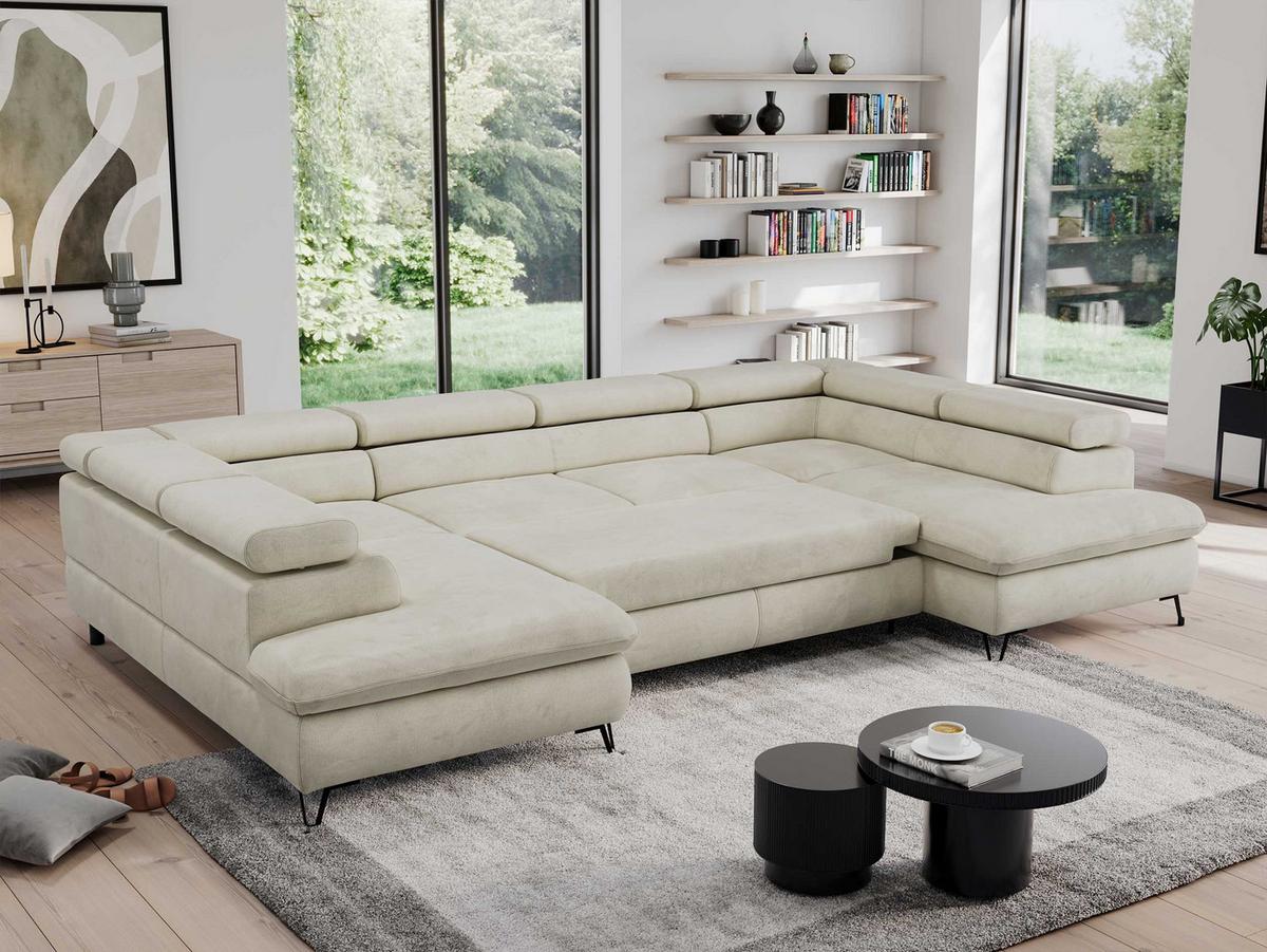 WOHNLANDSCHAFT PEDRO U Velvet Beige - Beige/Schwarz, Textil/Metall (346/76/208cm) - MKS