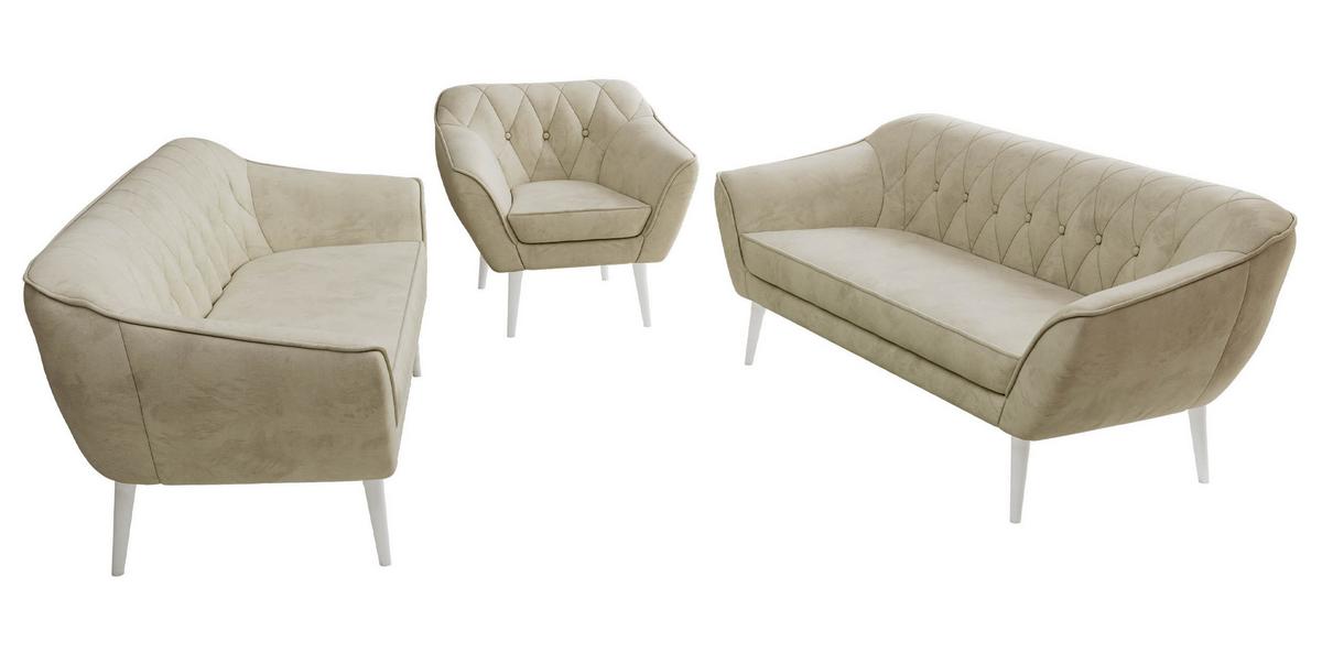 SITZGARNITUR PIRS 3+3+1 - Beige Velvet - Weiße Beine - Beige/Weiß, Holzwerkstoff/Textil (180/75/74cm) - MKS