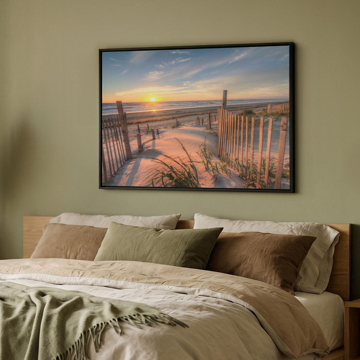 LEINWAND Bilder mit Rahmen - Strand - Meer - Düne - Sonnenuntergang - Landschaft - 100x70 - Beige, Textil (100/70cm) - MuchoWow