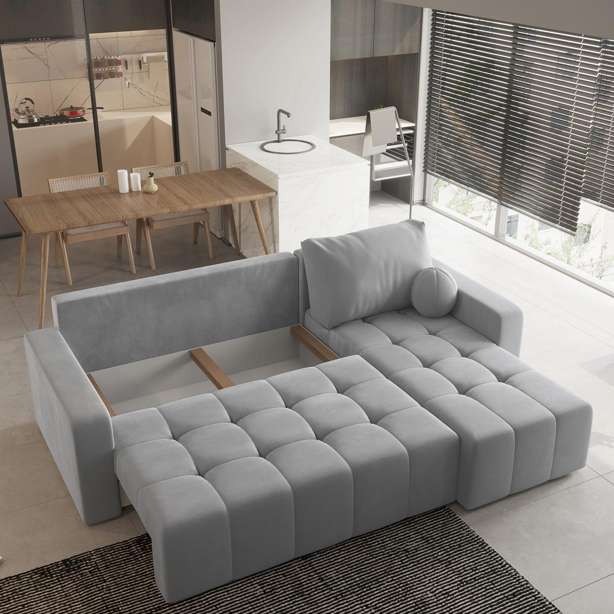 ECKSOFA VOLIRA Hellgrau Plüsch-Stoff mit Schlaffunktion - Hellgrau, Holz (230/143cm) - MASSENO