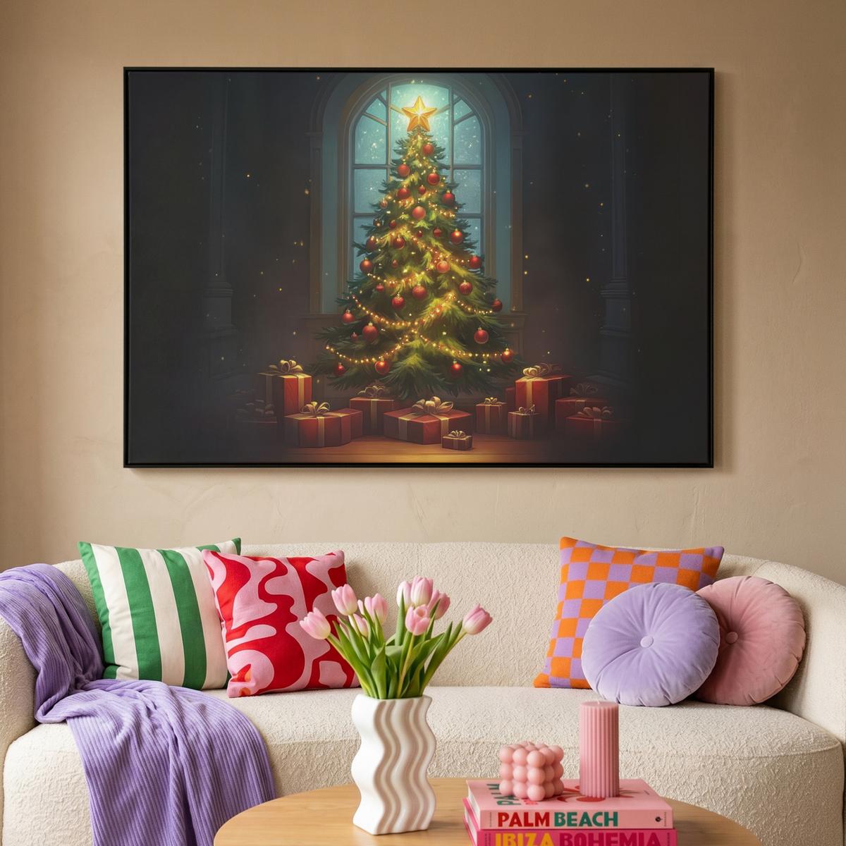 LEINWAND Bilder mit Rahmen - Weihnachtsbaum - Geschenk - Winter - 120x80 - Grün, Textil (120/80cm) - MuchoWow