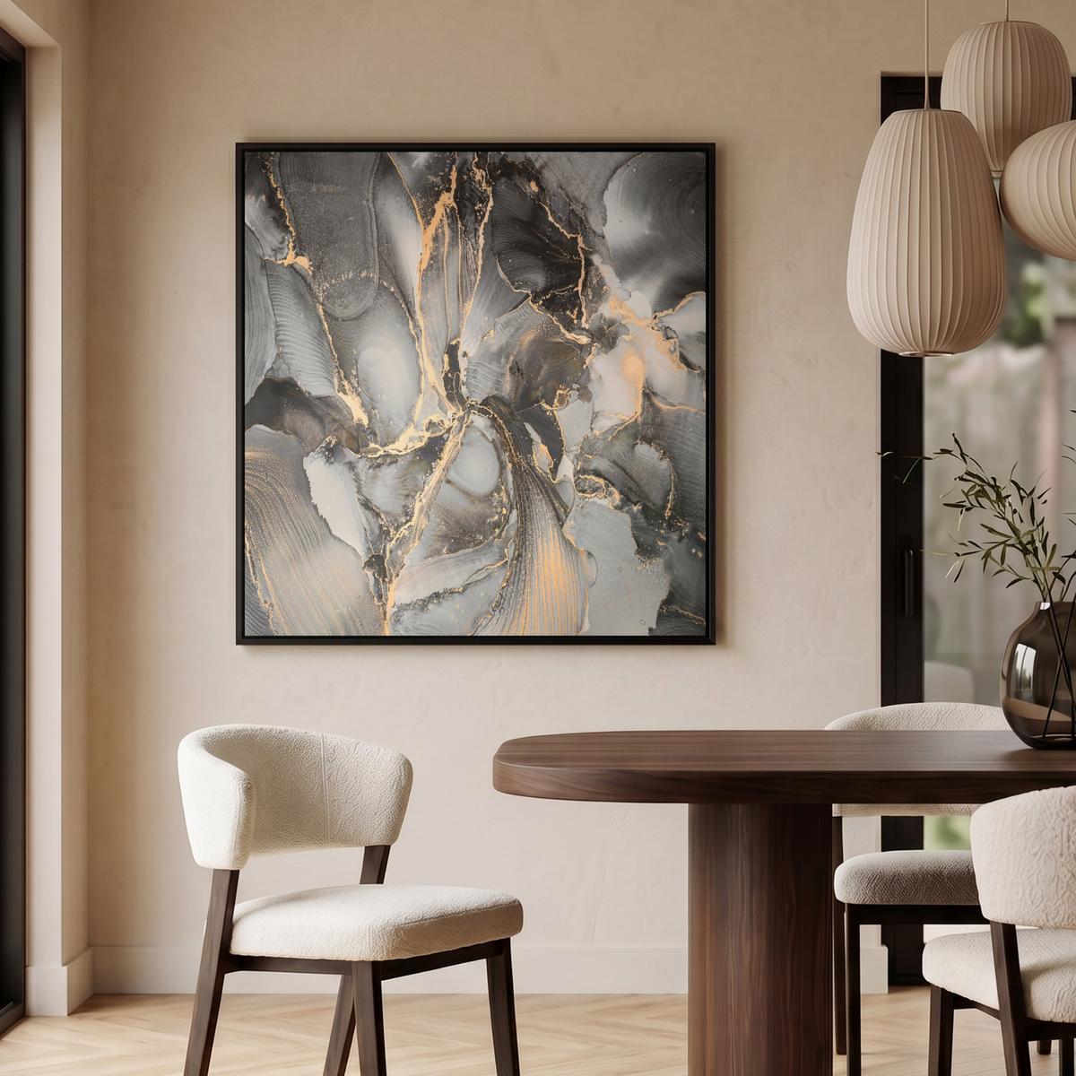LEINWAND Bilder mit Rahmen - Grau - Luxus - Gold - Marmor - 90x90 - Dunkelgrau, Textil (90/90cm) - MuchoWow