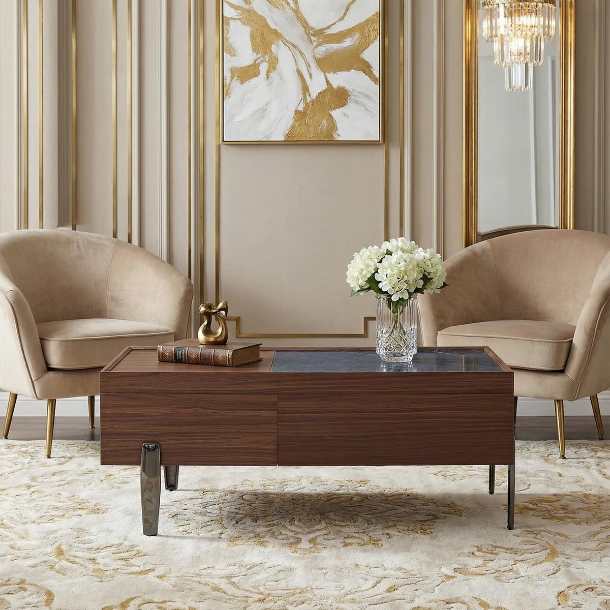 COUCHTISCH in Dunkelbraun & Marmor-Optik - Weiß, Holzwerkstoff (50/105/42cm) - Urban Meuble