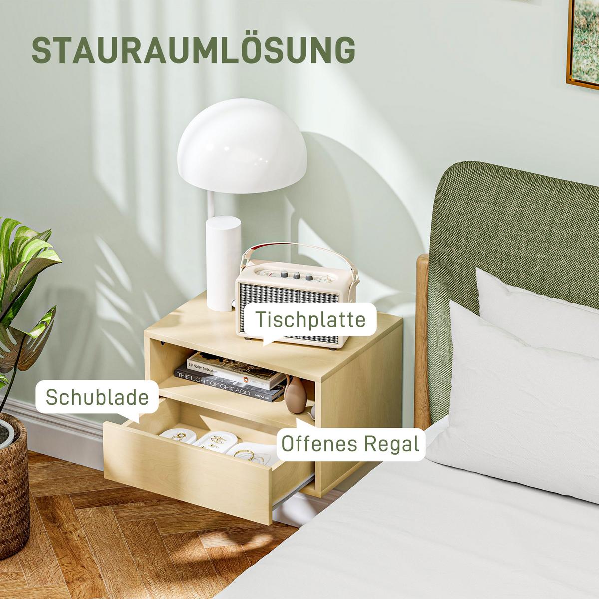 2ER Set Nachttisch hängend Schwebender Nachtschrank mit Schublade, offenes Regal - Naturfarben, Holzwerkstoff (35/27.5/45cm) - HOMCOM