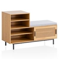 SCHUHBANK – Eiche-Dekor, 120x75,5x40 cm, Rattan-Elemente, Sitzbank gepolstert - Schwarz/Braun, Textil/Metall (120/76/40cm) - KADIMA DESIGN