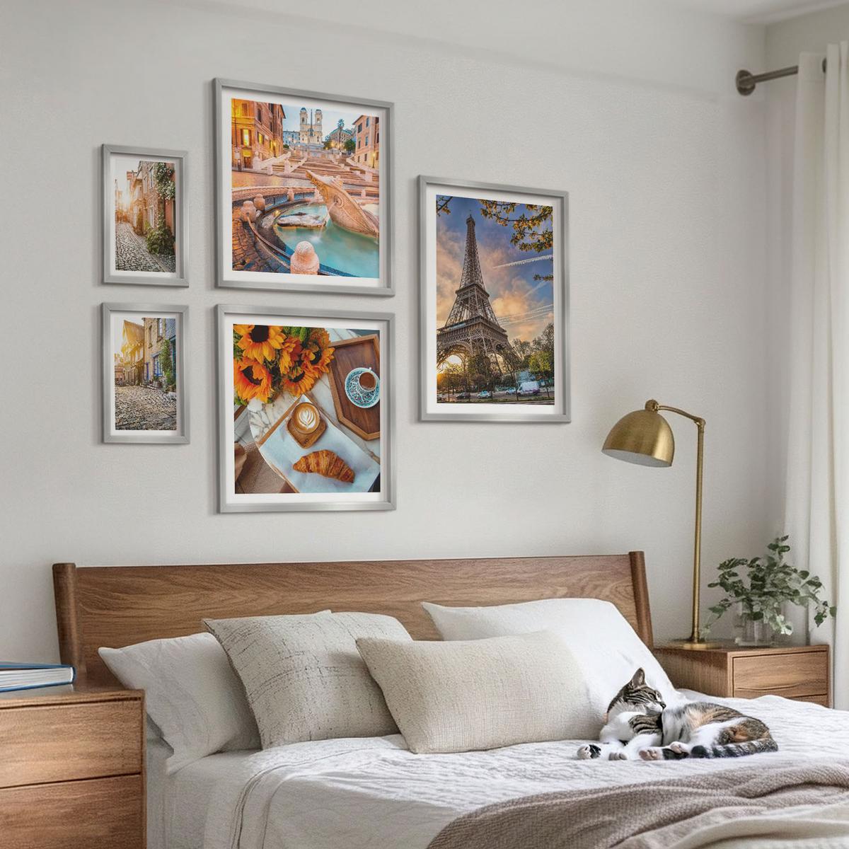 BILDER SET 5er Set - 50x50 cm & 20x30 cm & 40x60 cm Silberner Rahmen - Charmante Straßen mit Kaffee - Silberfarben, Kunststoff (40/60cm) - TULUP