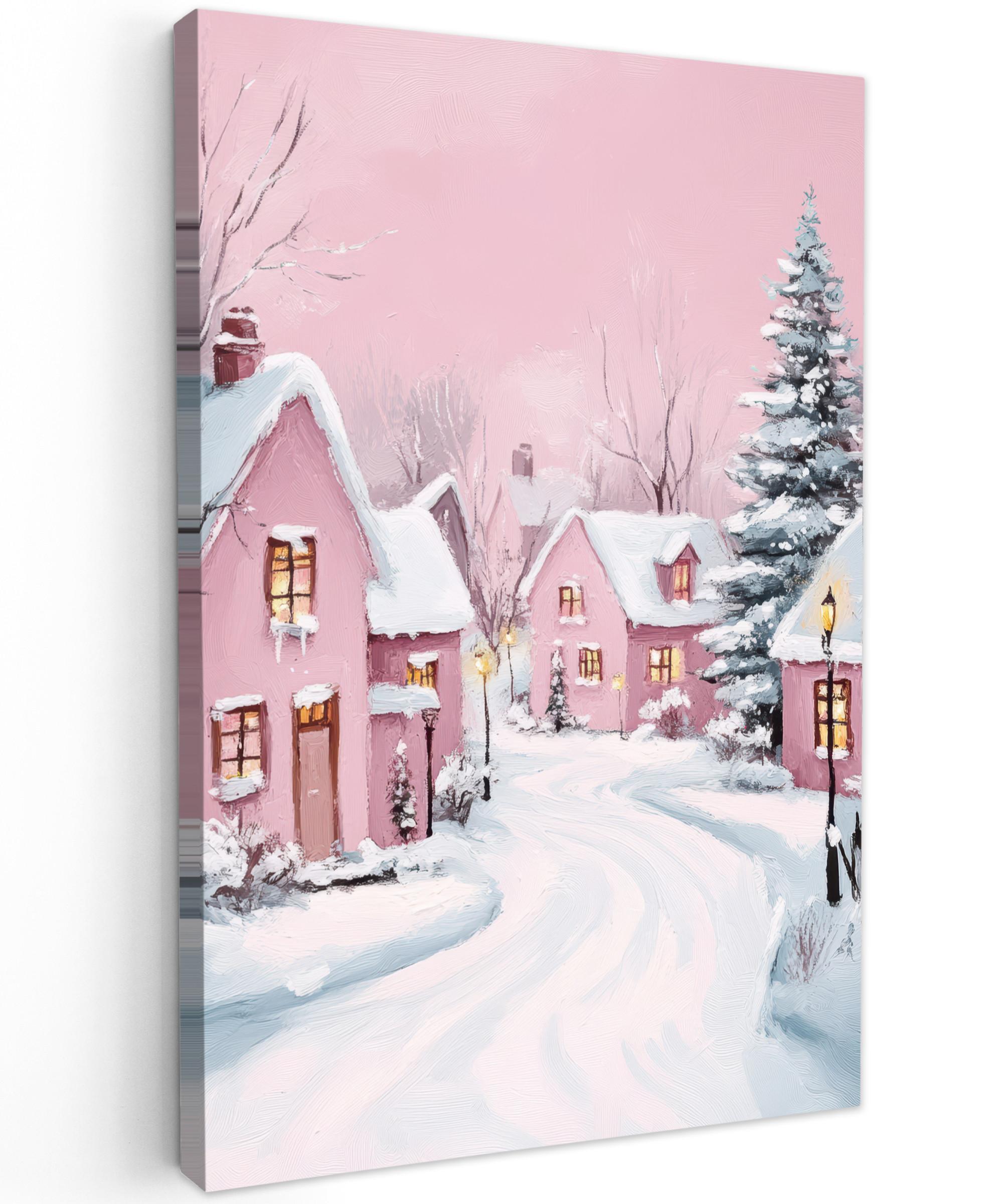 LEINWANDBILD Weihnachtsdorf - Rosa - Winter - Schnee - Häuser Deko Groß 90x140 cm - Altrosa, Textil (90/140cm) - MuchoWow