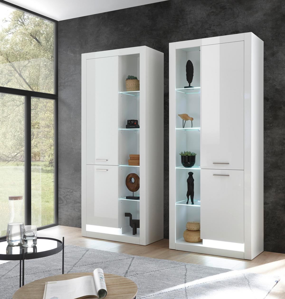VITRINE weiß Hochglanz 80 x 195 cm, großer Vitrinenschrank mit 10 Fächern - Weiß Hochglanz/Silberfarben, Glas/Holzwerkstoff (80/195/37cm) - Furn.Design