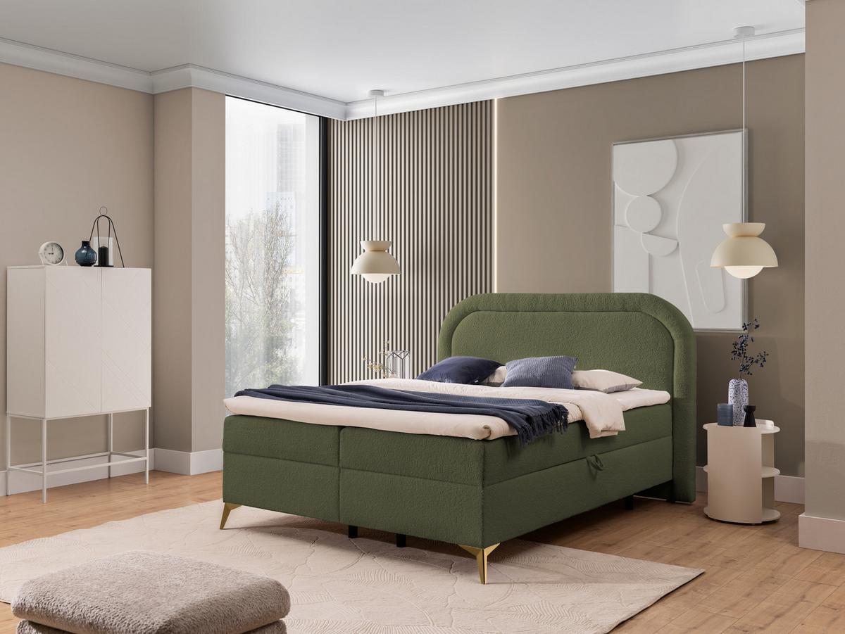 BOXBETT Sonna 200/200 cm Grün Bouclé-Stoff mit abgerundetem Kopfteil und mit goldenen Metallfüßen - Goldfarben/Grün, Holz/Textil (200/200cm) - S-Style Möbel