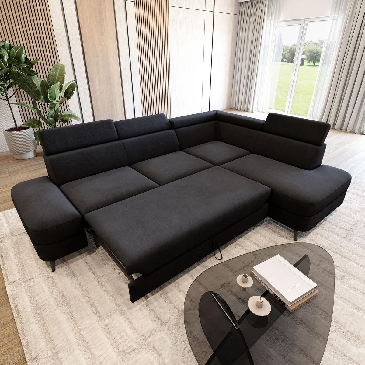 ECKSOFA AVISE MV R-S Schwarz Velours-Stoff mit Schlaffunktion - Schwarz, Holzwerkstoff/Textil (268/195cm) - MASSENO