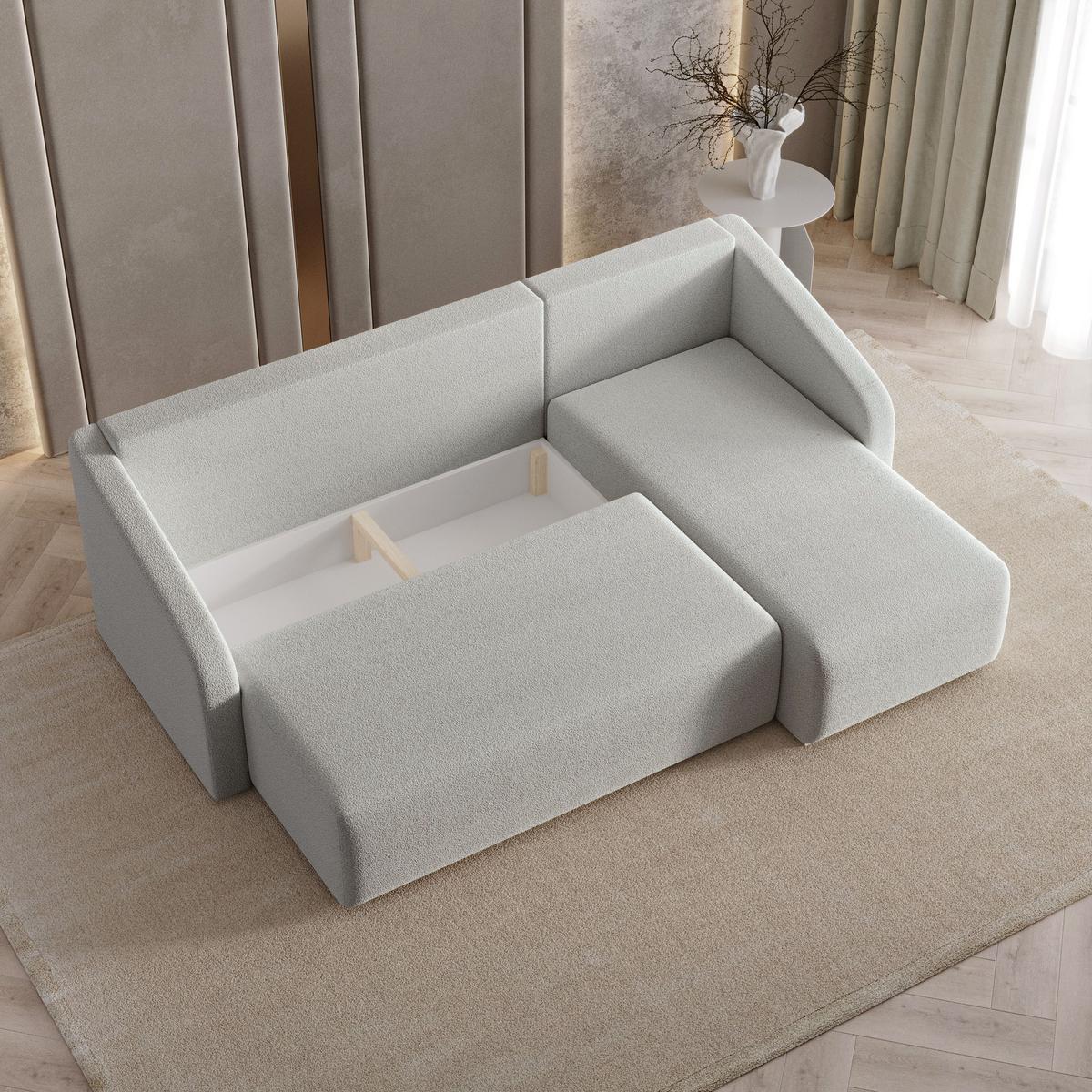 ECKSOFA MARELLO Hellgrau Boucle-Stoff mit Schlaffunktion - Hellgrau, Holz (220/143cm) - MASSENO