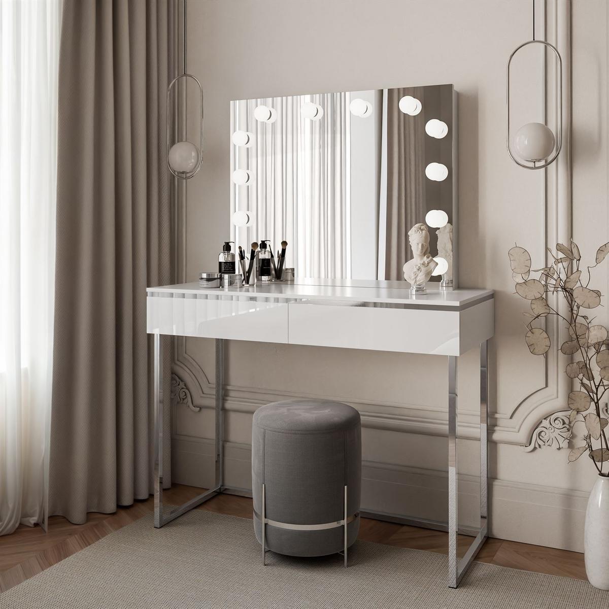 SCHMINKTISCH AURORA SILVER ELITE mit Spiegel Hochglanz Weiß - Weiß Hochglanz, Holzwerkstoff (102/78.5/43.6cm) - Lookway