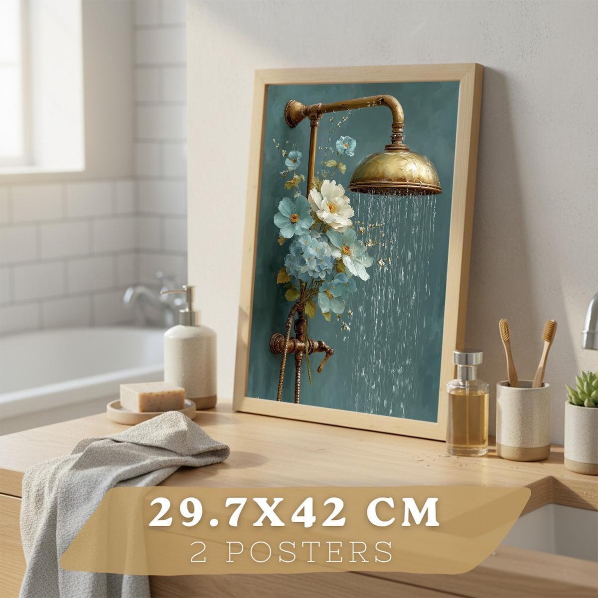 POSTER 2er-Set dekorative Badezimmer-Wandbilder, ästhetische Dusche und WC, Badezimmerdekoration mit Blumen Flaschen und Dusche Leichter Holzrahmen A3 - Beige, Papier (42/29.7/3cm) - Nacnic