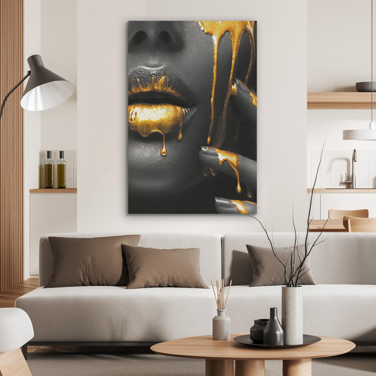 AKUSTIKBILD Frau - Schwarz - Gold - Gesicht - Lippen Wanddeko 70x100 cm - Goldfarben, Kunststoff (70/100/0.9cm) - MuchoWow