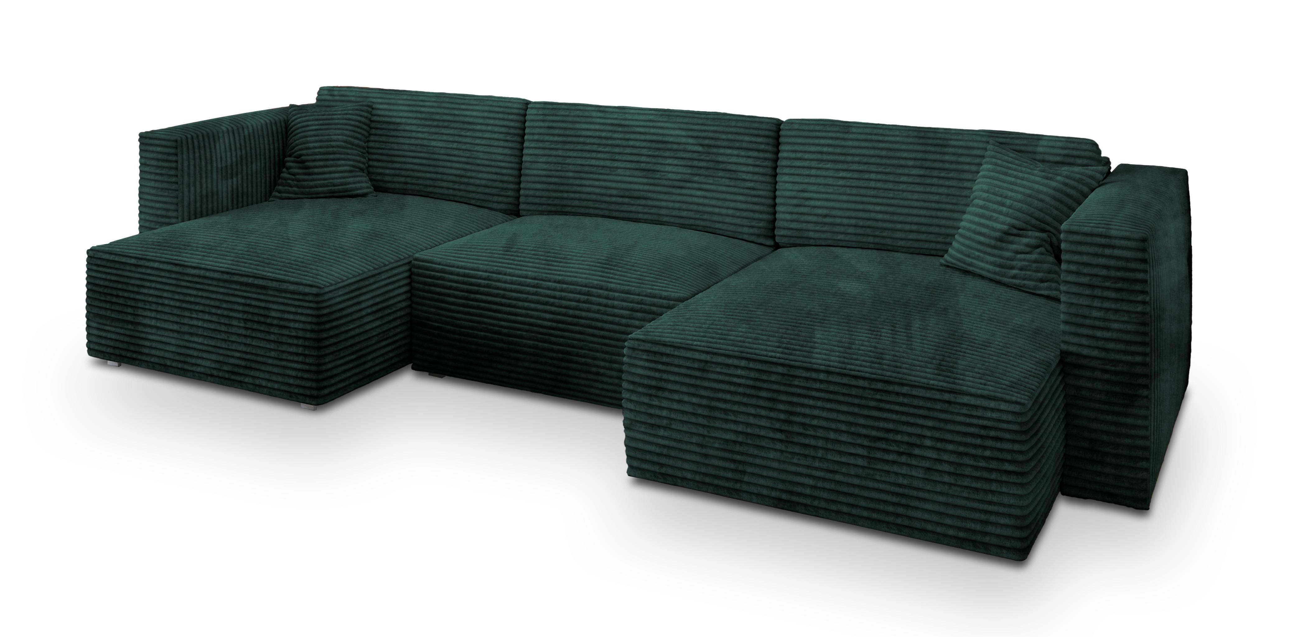 WOHNLANDSCHAFT SARMO Grün Kordstoff mit Schlaffunktion - Grau/Grün, Holz/Kunststoff (347/90/148cm) - MASSENO