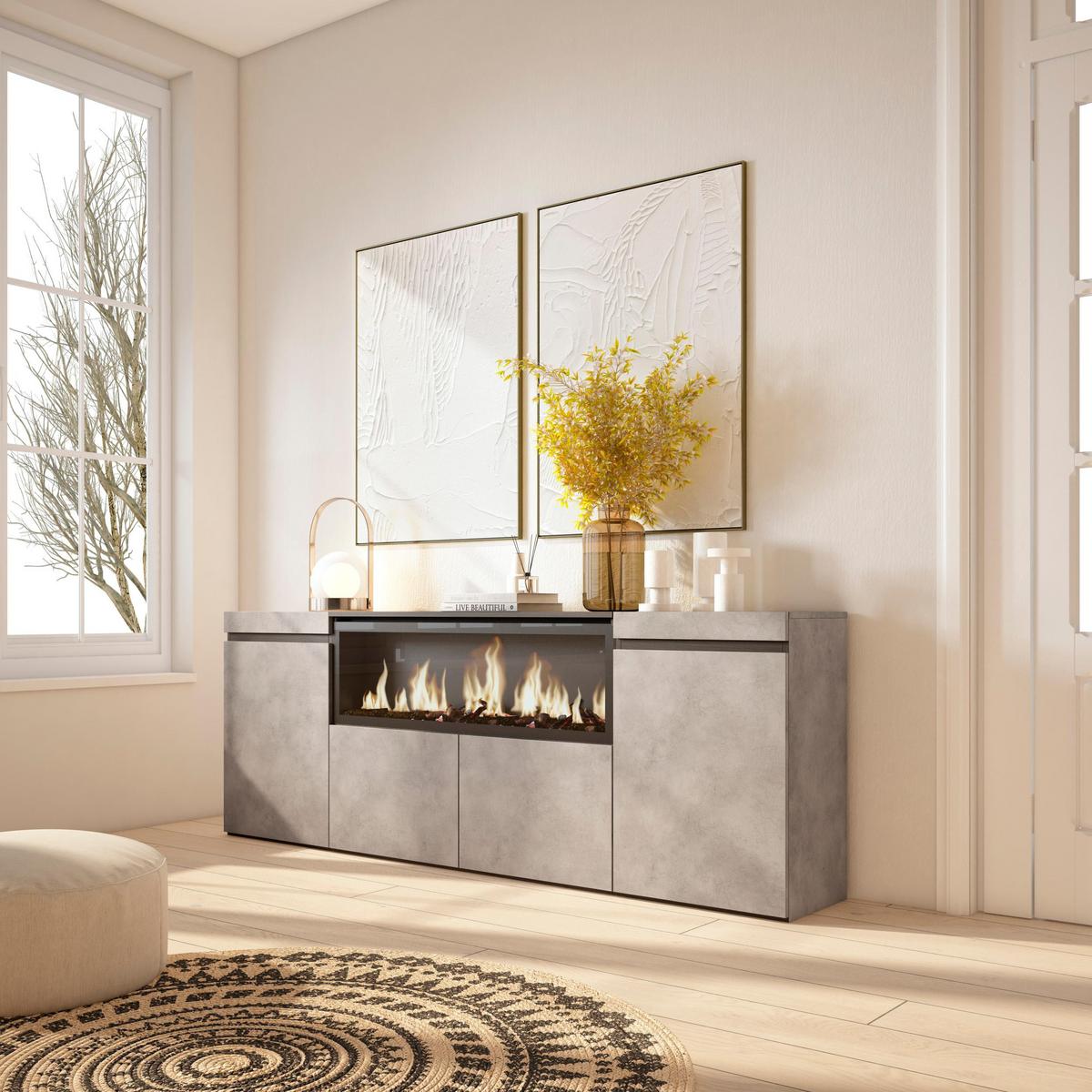 SIDEBOARD, Elektrokamin XXL, zementgrau, 208/35/75cm - Multicolor/Schwarz, Holzwerkstoff (208/75/35cm) - Skraut Home