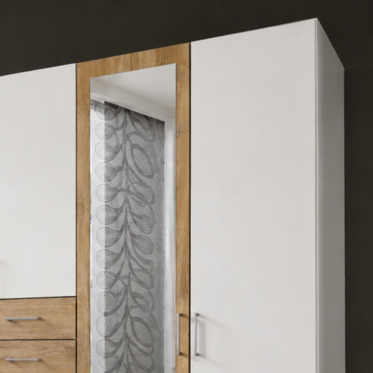 DREHTÜRENSCHRANK B225/H208/T58 cm, Weiß mit Absetzungen in Eiche Dekor, Kleiderschrank mit 2 Spiegeltüren & Schubkästen / 22591 - Eichefarben/Silberfarben, Holzwerkstoff/Kunststoff (225/208/58cm) - luma-home
