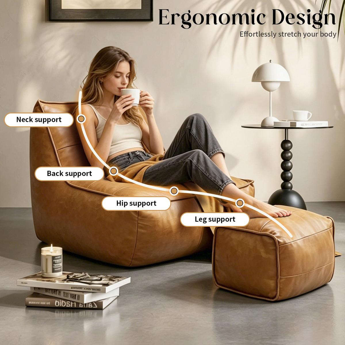 SESSEL Sitzsack & Hocker Set Tech-Leder Raupen-Design - Braun, Textil (80/75/93cm) - Urban Meuble