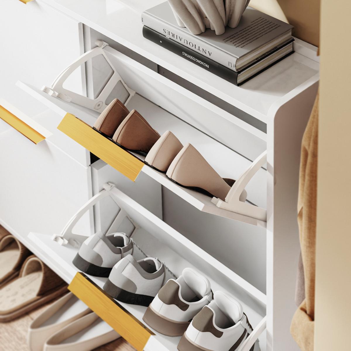 SCHUHSCHRANK mit 4 Klappen, Hochglanz Weiß 100x90x19cm - Weiß, Holzwerkstoff (100/90/19cm) - SoBuy