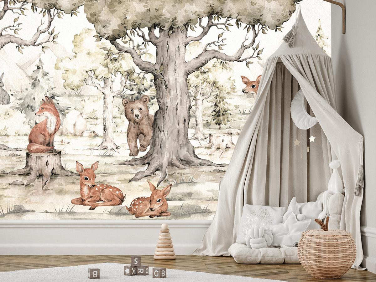 FOTOTAPETE für Kinderzimmer Waldtiere Aquarell Bär Fuchs Reh Bäume 200x140 - Beige/Orange, Papier (200/140cm) - Muralo
