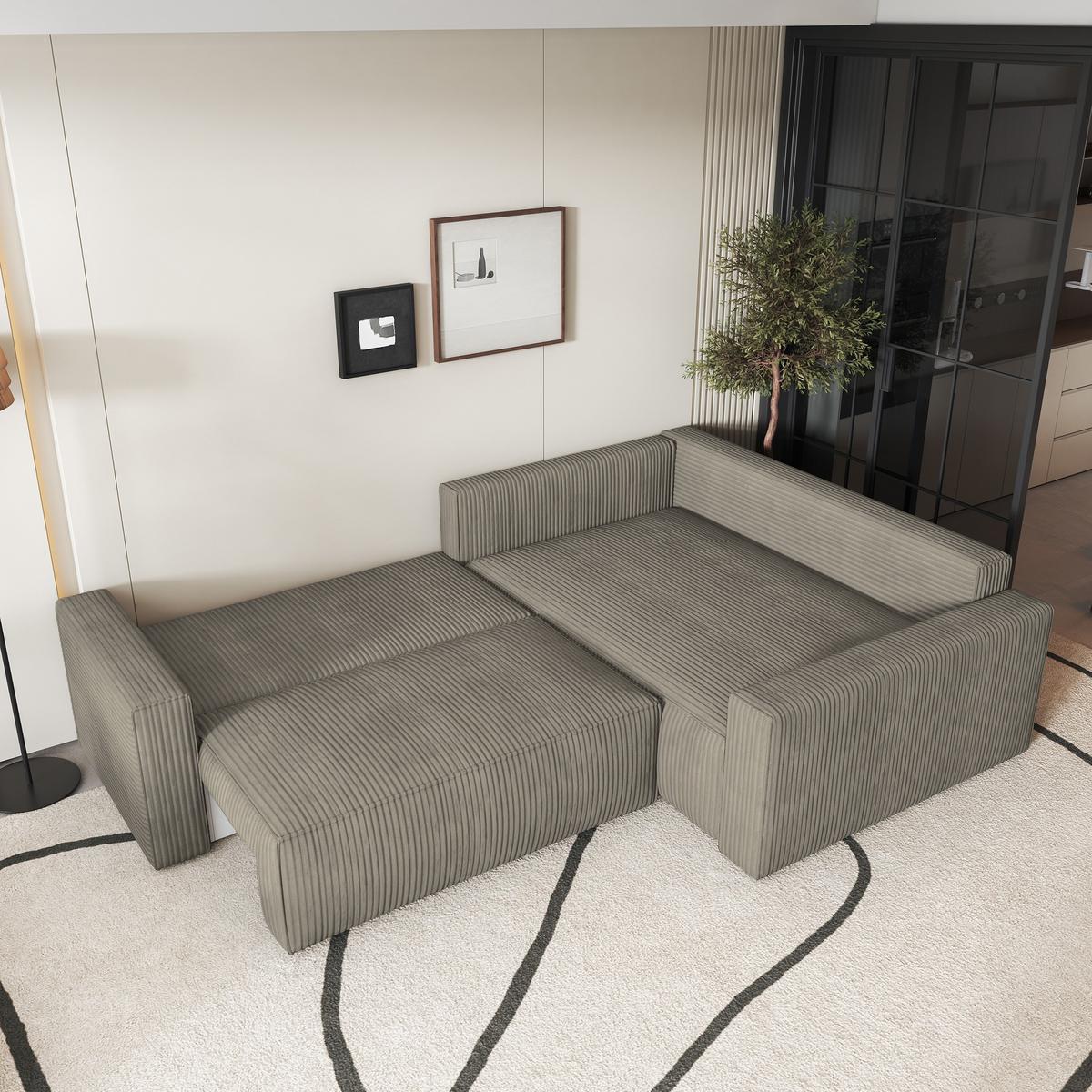 ECKSOFA ERONIS R-S Beige Kordstoff mit Schlaffunktion - Beige, Holz (265/194cm) - MASSENO
