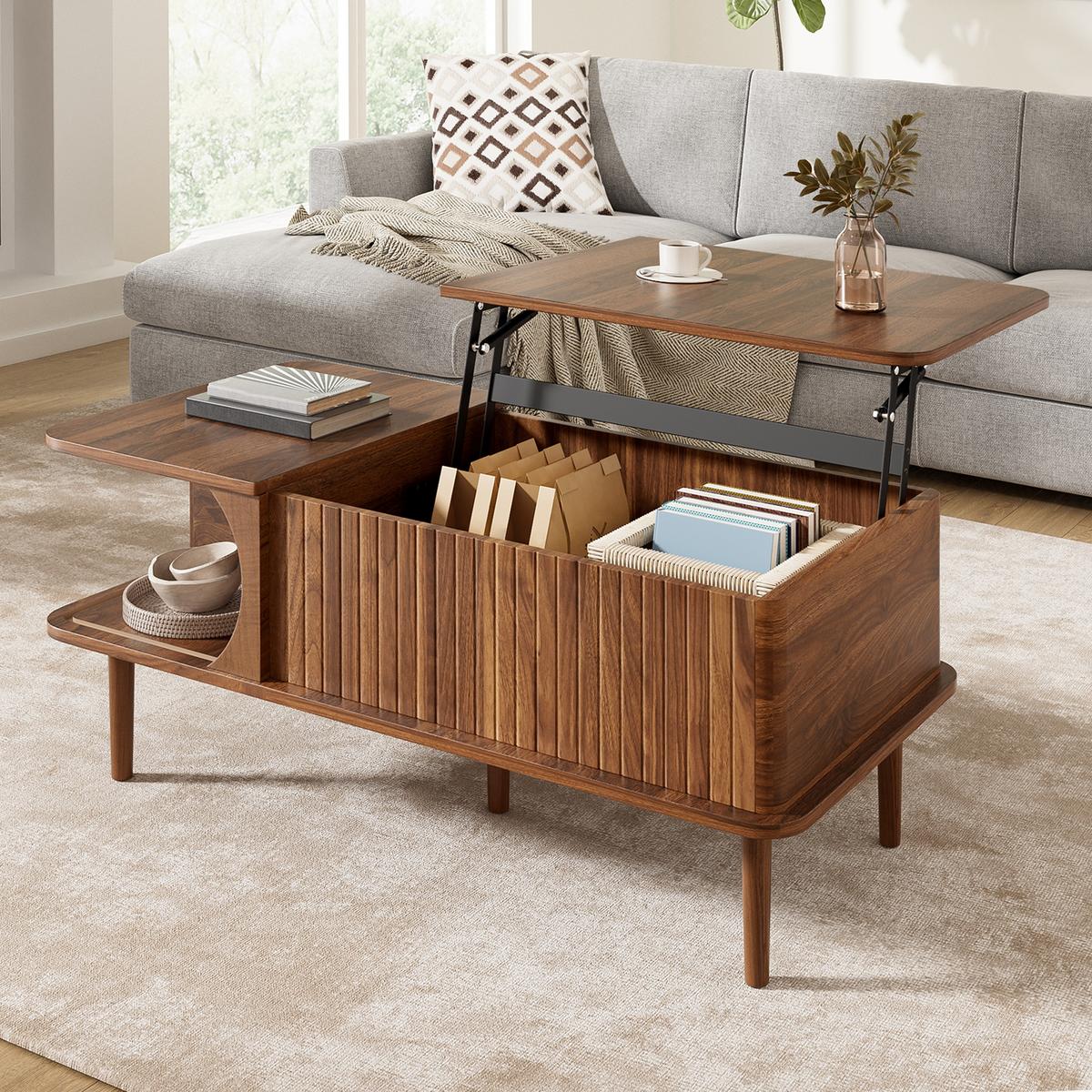 COUCHTISCH walnuss-optik & vertikale rillen mit lift-funktion & schiebetür - Walnussfarben, Holzwerkstoff (48/100/55.5cm) - Urban Meuble