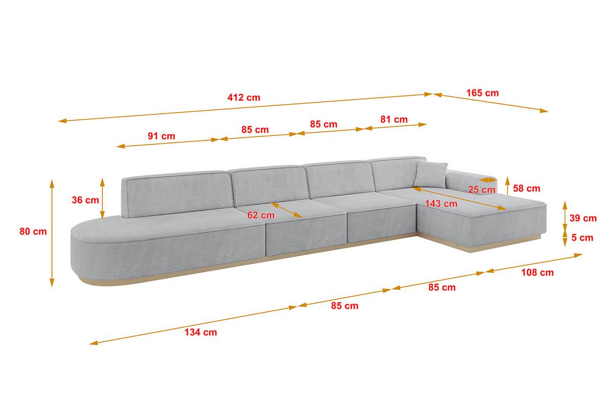 ECKSOFA Ottomane Rechts IREA-L3 - 412x165x80 cm Grau - Grau, Holzwerkstoff/Textil (412/165cm) - ALTDECOR