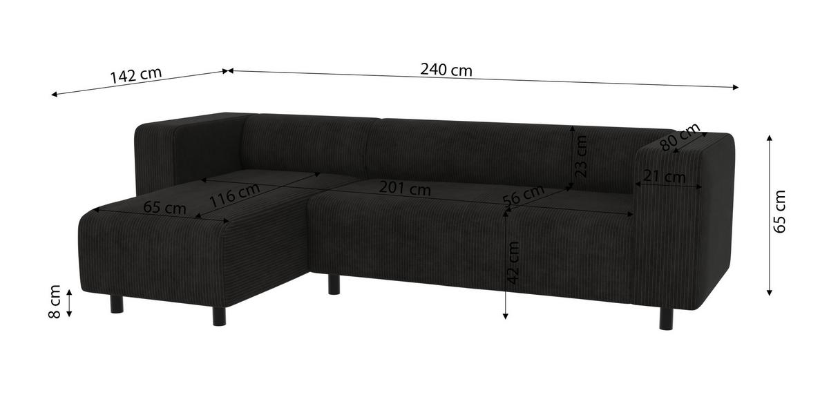 ECKSOFA Tove Schwarz Cord - Ottomane links - Schwarz, Holz/Kunststoff (240/142cm) - S-Style Möbel
