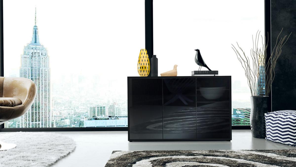 KOMMODE Ben Front in Schwarz Hochglanz - Schwarz Hochglanz, Holzwerkstoff (117/74/36cm) - Vladon