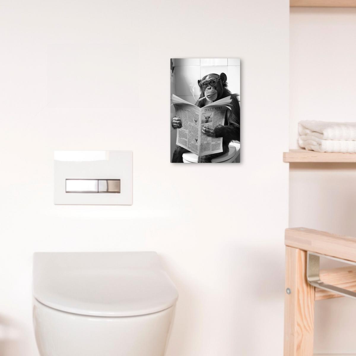 LEINWANDBILD Affe - WC - Zeitung - Schwarz-Weiß - Humor Deko Wohnzimmer 20x30 cm - Hellgrau, Textil (20/30cm) - MuchoWow