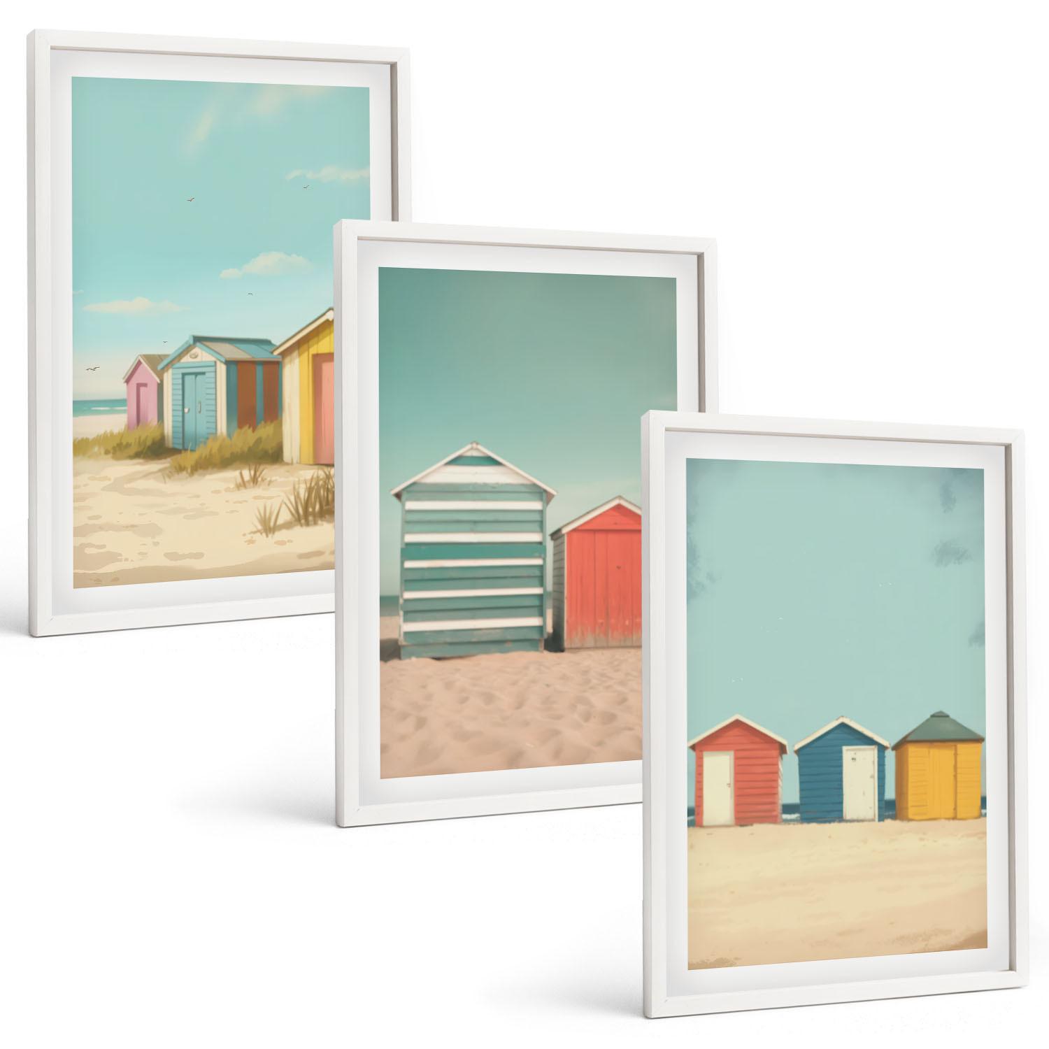 BILDER SET 3er Set - 40x60 cm Weißer Rahmen - Bunte Häuser, Strand, Sonne - Weiß, Kunststoff (40/60cm) - TULUP