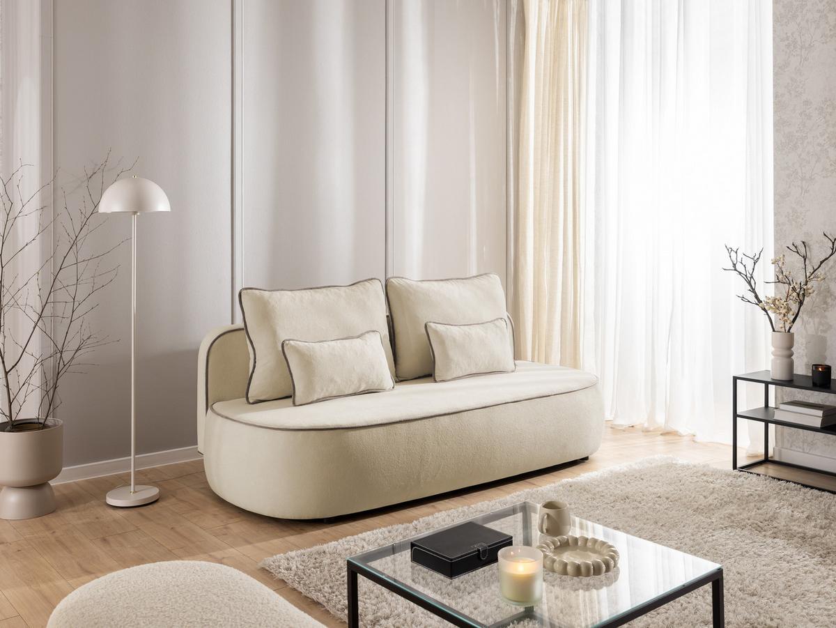 KINDERSOFA Vero im modernen und abgerundeten Design mit Schlaffunktion und Bettkasten aus Beige Plüschstoff mit tauper Paspel - Beige/Schwarz, Holz/Kunststoff (210/90/98cm) - S-Style Möbel