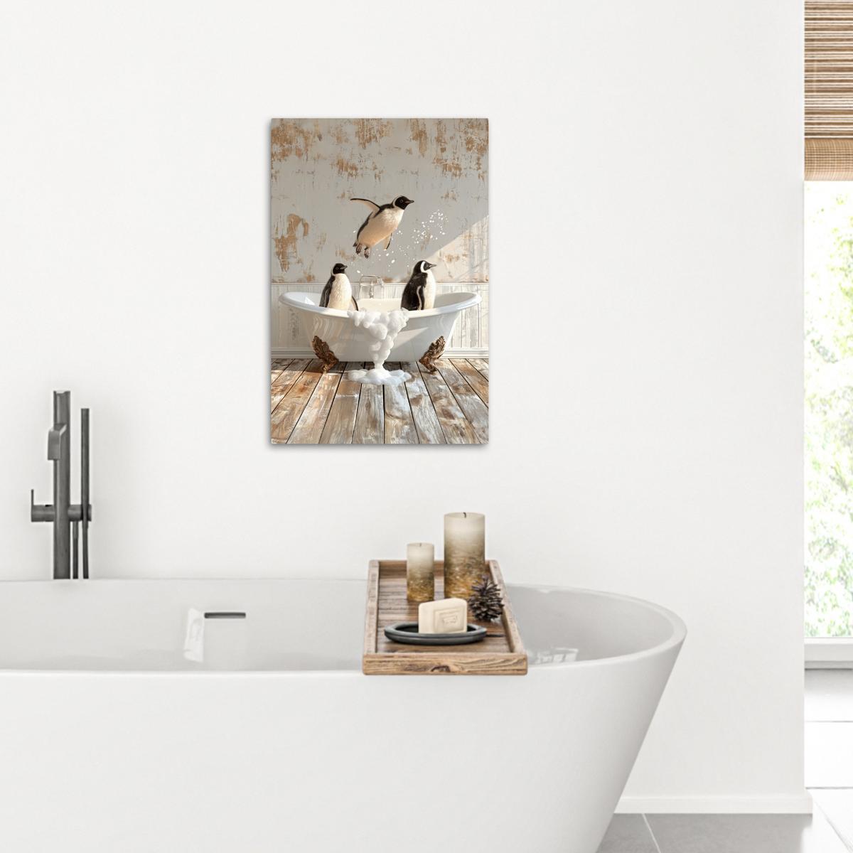 LEINWANDBILD Vintage - Pinguin - Badewanne - Schaumstoff Wanddeko 40x60 cm - Schwarz, Textil (40/60cm) - MuchoWow